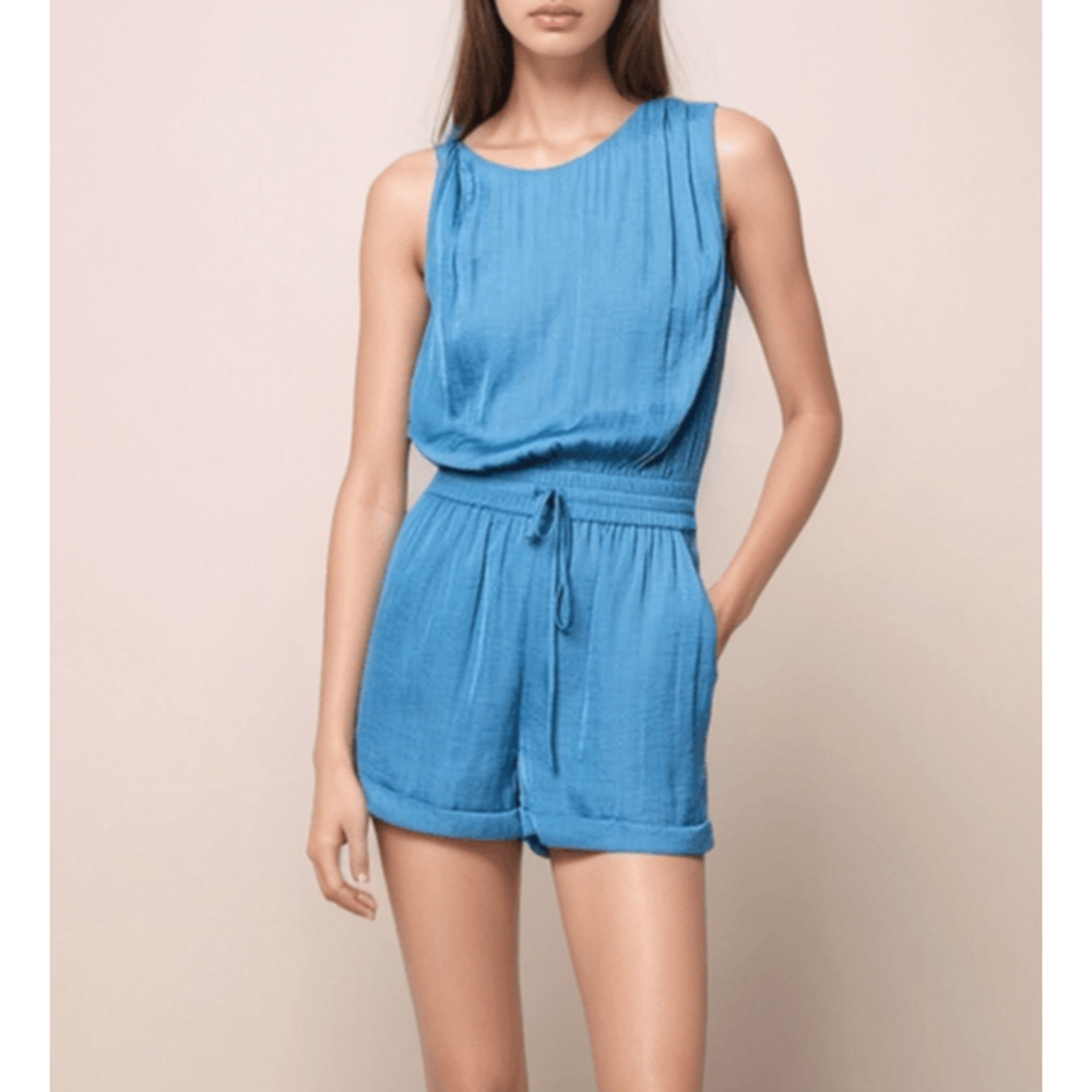 Naked Zebra Blue Satin Blouson Romper Lined Sleeveless With Pockets NWT M L